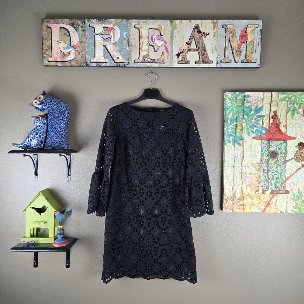 J.Crew Cora Lace Embroidered Eyelet Black Bell Sleeve Dress Size 0